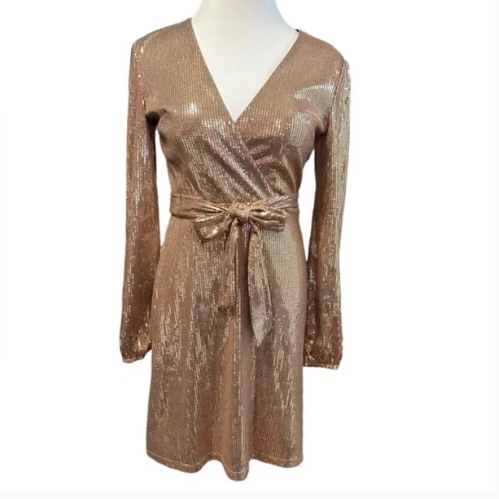 Cara Santana x Nine West Bronze Sequin Faux-Wrap Dress - Picture 4 of 5
